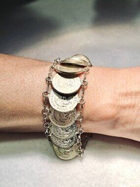 Vintage Mexican Cinco Centavos Coins 1950s 1960s Chain Link Bracelet 7¾” Length